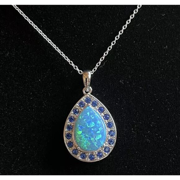 Created Opal & Blue Sapphire Pendant Necklace 925 Sterling Silver 18 inch - Picture 2 of 7